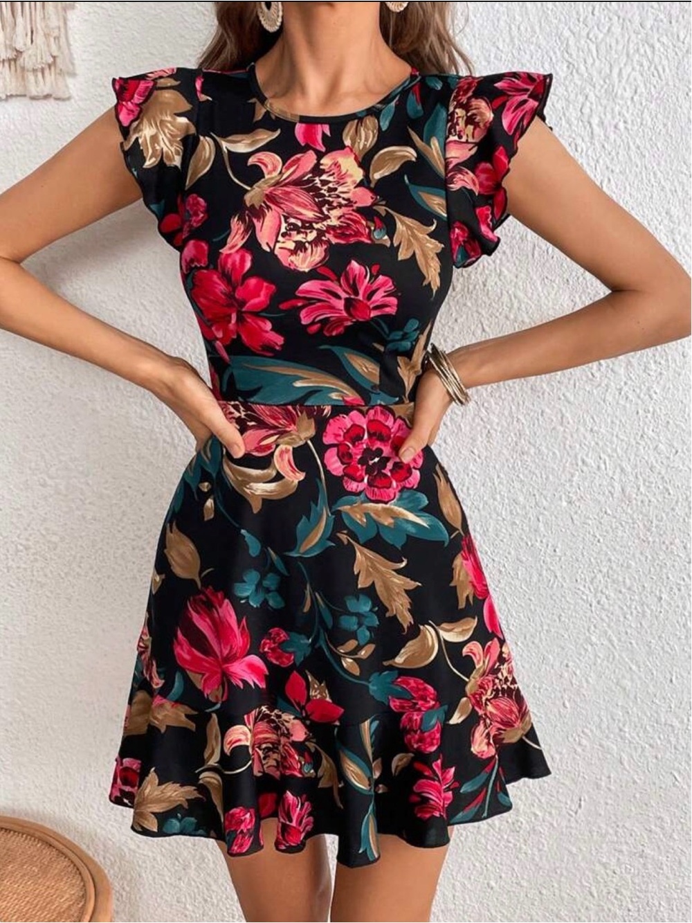 LIKE NEW SHEIN Clasi Black Floral Print Ruffle Trim Dress - Sz Large (8/10)
